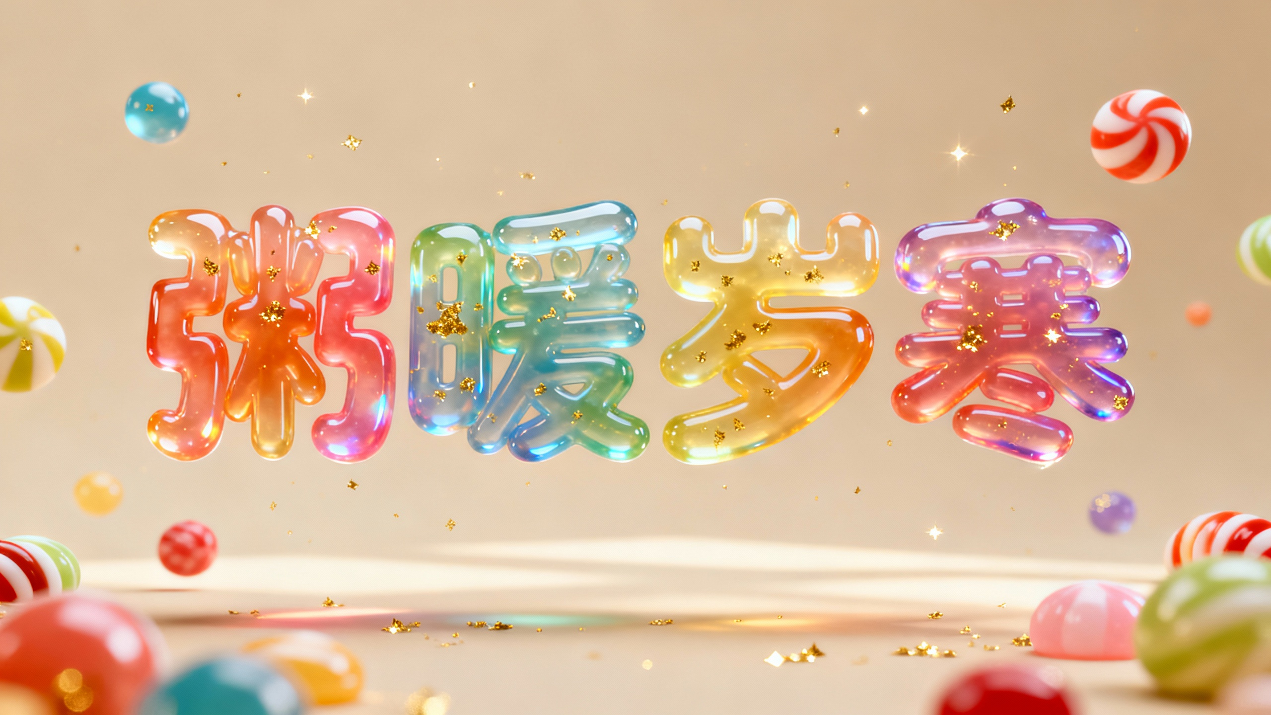 jimeng-2026-01-16-3089-3D 渲染的字体设计，文字“粥暖岁寒”采用光泽塑料材质的五颜六色的泡泡字体，具有....png